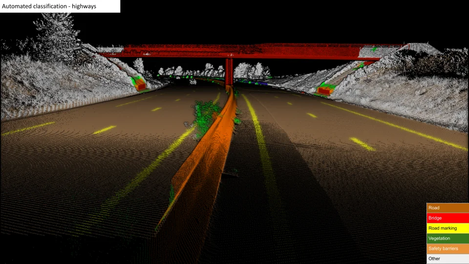 Classified highway MMS point cloud showing road, road marking, safety barriers, bridge and vegetation