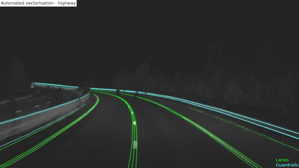 Digital twin of a road showing modelized lanes and safety barriers