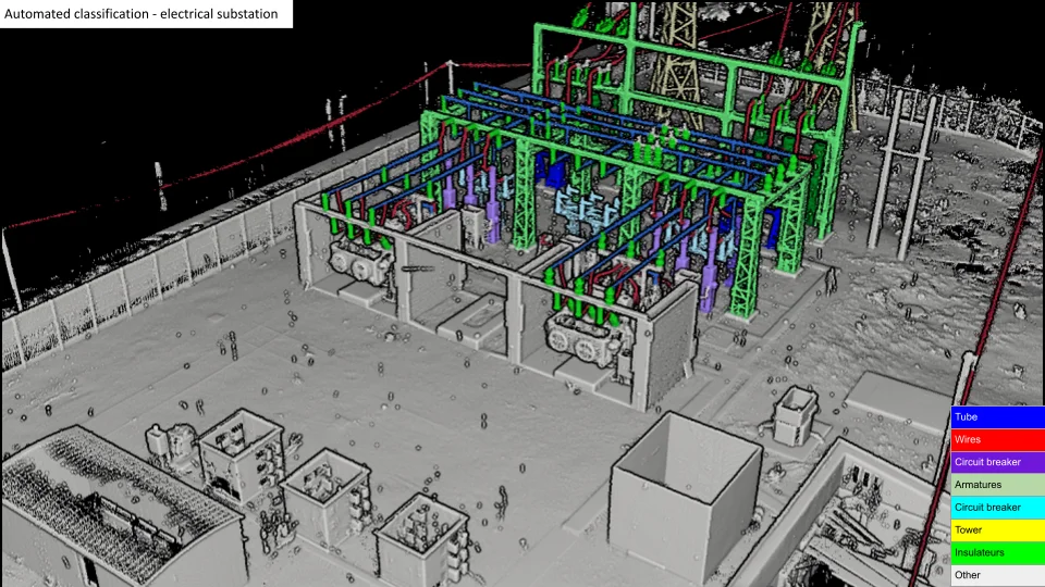 Classified static LiDAR point cloud showing an electrical substation with tubes, wires, towers,...