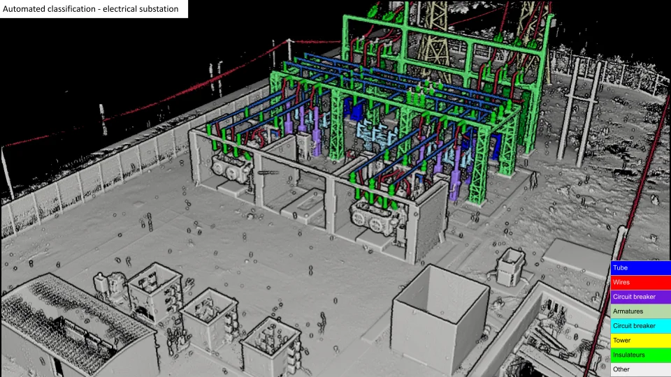 Nuage de points LiDAR statique classifié et segmenté d’un poste de transformation électrique avec les classes suivantes : pylône, câbles, tubes
